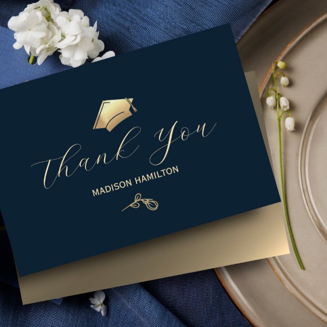 Elegant Navy Blue and Gold Graduation Party Thank You Card (Elegant Navy Blue and Gold #thankyoucard #navyblueandgold #highschoolorcollege #goldfoil #chic)
