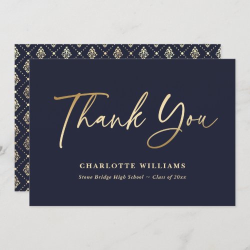 Elegant Navy Blue and Gold Graduation Thank You Card