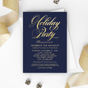 Elegant Navy Blue and Gold Holiday Party Script Invitation
