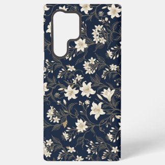 Elegant Navy Blue and Gold Lily Floral Samsung Galaxy S22 Ultra Case