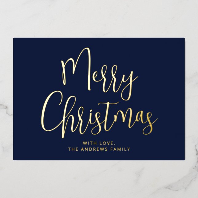Elegant Navy Blue and Gold Merry Christmas Gold Foil Holiday Card (Front)