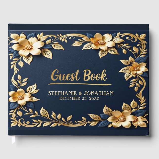 Elegant Navy Blue and Gold metallic Classic Guest Book (Front)