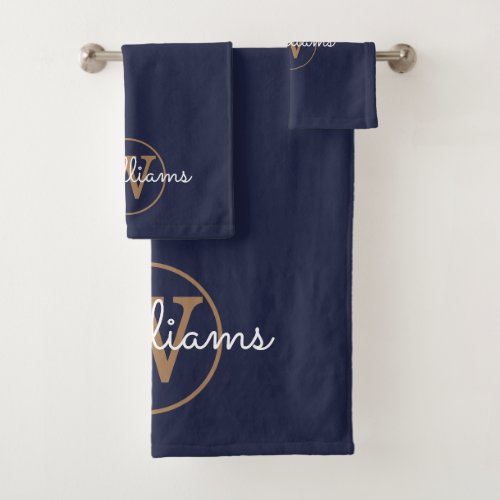 Elegant Navy Blue and Gold Monogram Bath Towel Set