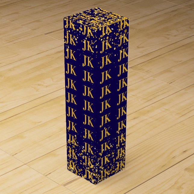 Elegant Navy Blue and Gold Monogram Wine Box (Front)