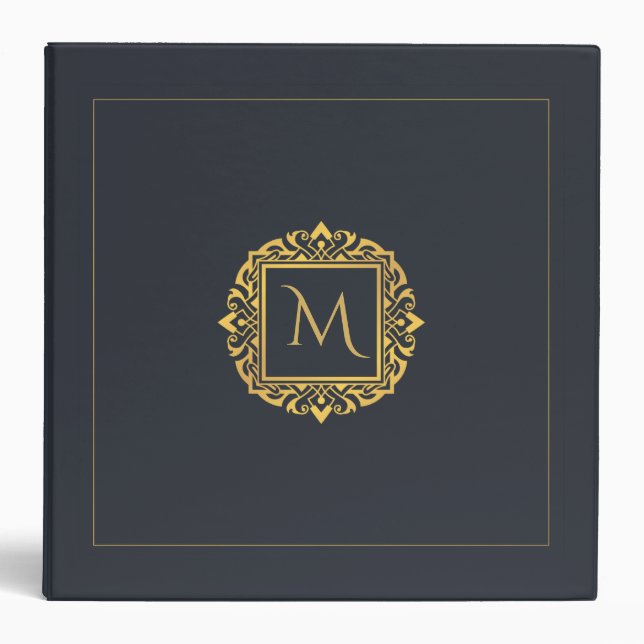 Elegant Navy Blue and Gold Monogrammed Binder (Front)