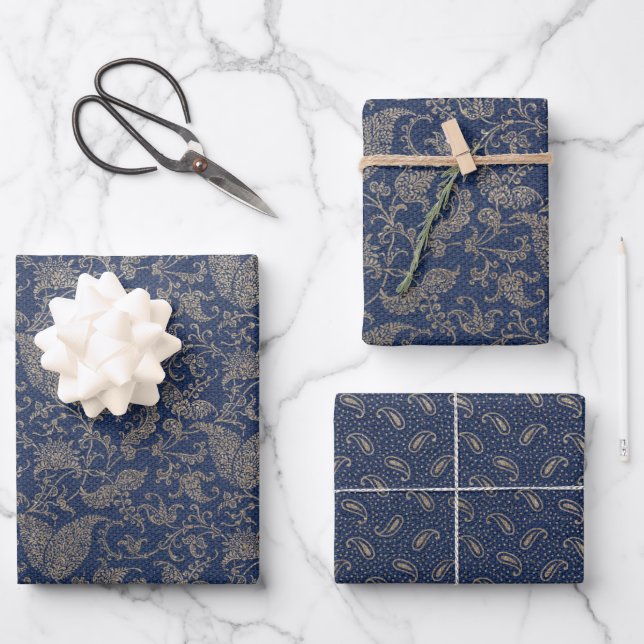 Elegant Navy Blue and Gold Pattern  Wrapping Paper Sheets (Front)