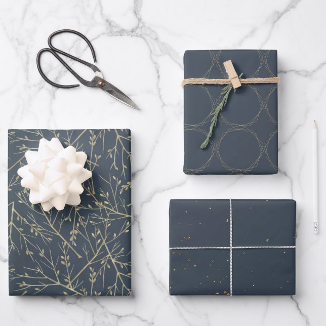 Elegant Navy Blue and Gold Pattern Wrapping Paper Sheets (Front)