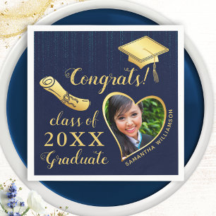 Elegant Navy Blue and Gold Photo 2025 Graduation Napkins