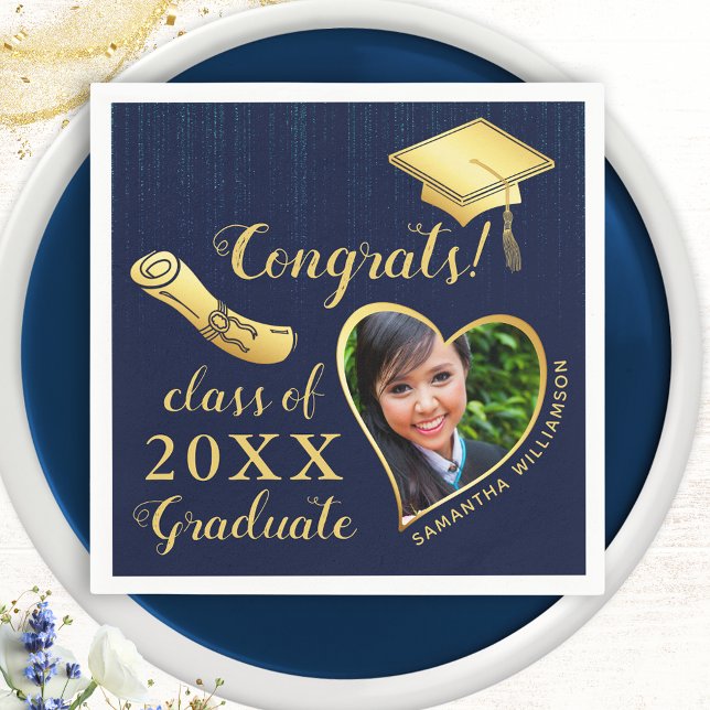 Elegant Navy Blue and Gold Photo 2025 Graduation Napkins (Creator Uploaded)