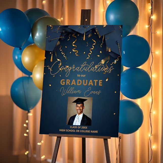 Elegant Navy Blue and Gold Photo Graduation Foam Board (Creator Uploaded)