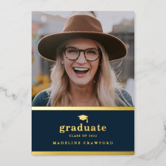 Elegant Navy Blue and Gold Photo Graduation Foil Invitation | Zazzle