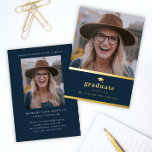 Elegant Navy Blue and Gold Photo Graduation Foil Invitation<br><div class="desc">An elegant foil pressed graduation invitation featuring a large photo with graduation cap and minimal editable text on the front. The back has a vertical photo and a place to use to announce the graduate and party details.</div>