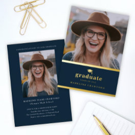 Elegant Navy Blue and Gold Photo Graduation Foil Invitation