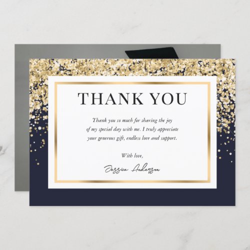 Elegant Navy Blue and Gold Photo Graduation Thank You Card