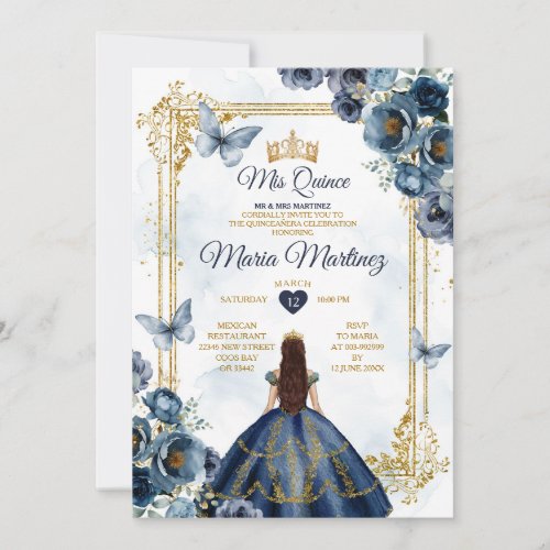 Elegant Navy Blue And Gold Princess Quiceanera Invitation