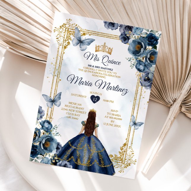 Elegant Navy Blue And Gold Princess Quiñceanera Invitation (Creator Uploaded)