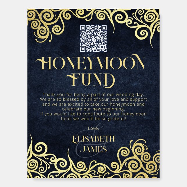  Elegant Navy Blue And Gold QR Code Honeymoon Fund Foam Board (Front)