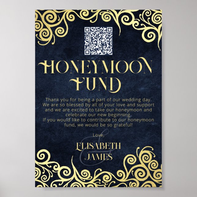  Elegant Navy Blue And Gold QR Code Honeymoon Fund Poster (Front)