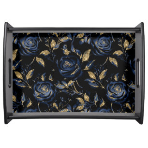 Elegant Navy Blue and Gold Rose Floral Pattern Serving Tray