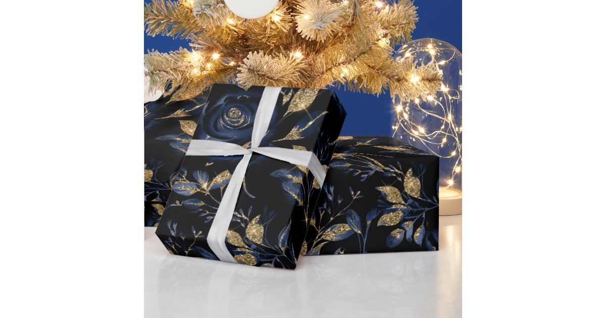 Elegant Navy Blue and Gold Rose Floral Pattern Wrapping Paper | Zazzle