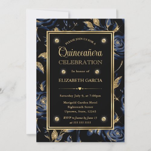 Elegant Navy Blue and Gold Rose Floral Quinceanera Invitation