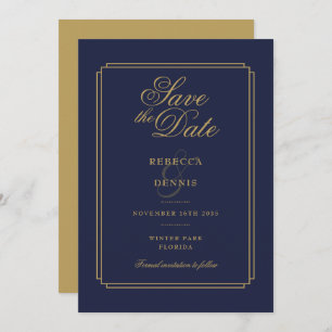 Elegant Navy Blue and Gold Script Art Deco Wedding Save The Date