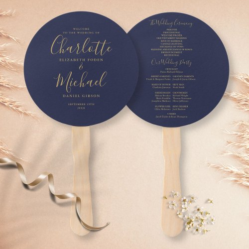 Elegant Navy Blue And Gold Script Wedding Program Hand Fan