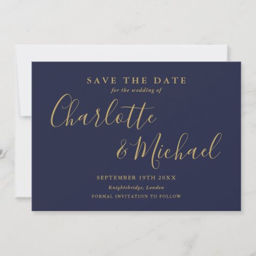 Elegant Navy Blue And Gold Signature Script Photo Save The Date