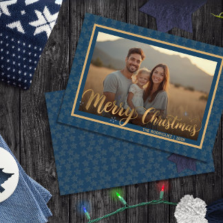 Elegant Navy Blue and Gold Stars Christmas Photo Holiday Card