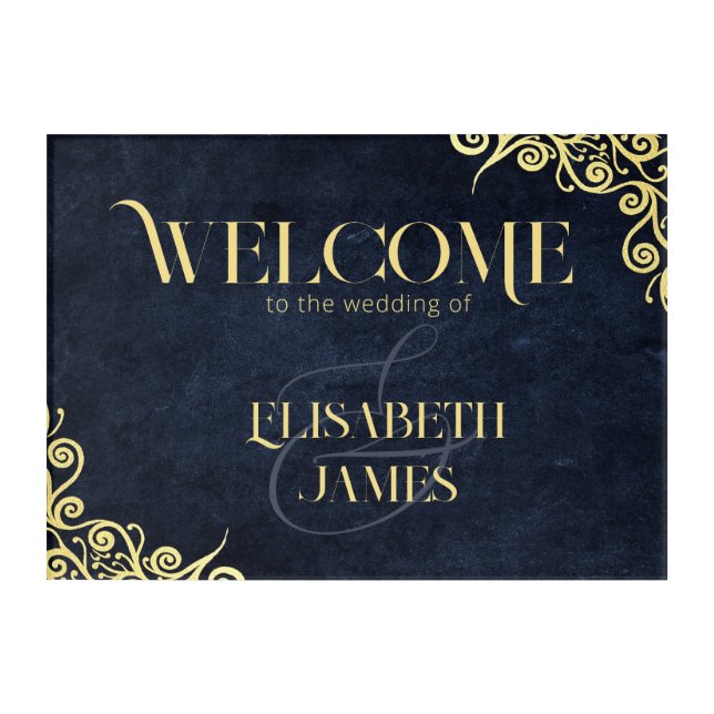   Elegant Navy Blue And Gold Swirl Wedding Welcome Acrylic Print (Front)