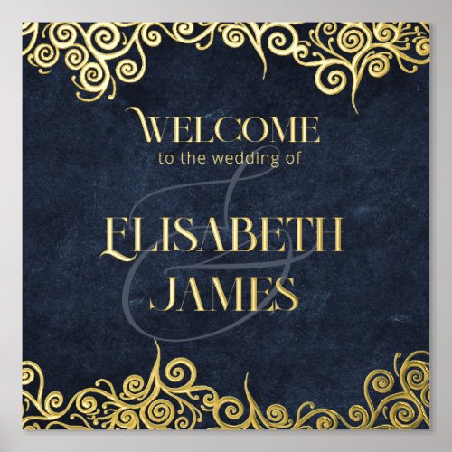   Elegant Navy Blue And Gold Swirl Wedding Welcome Foil Prints