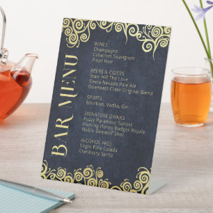 Elegant Navy Blue And Gold Swirls Wedding Bar Menu Pedestal Sign