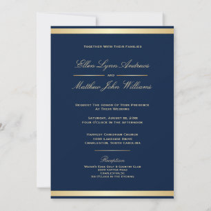 Elegant Navy Blue and Gold Trim Wedding Invitation