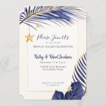 Elegant Navy Blue and Gold Tropical Holiday Party Invitation
