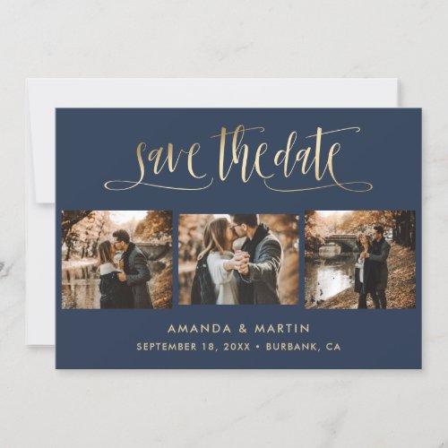 Elegant Navy Blue and Gold Wedding 3 Photo Save The Date