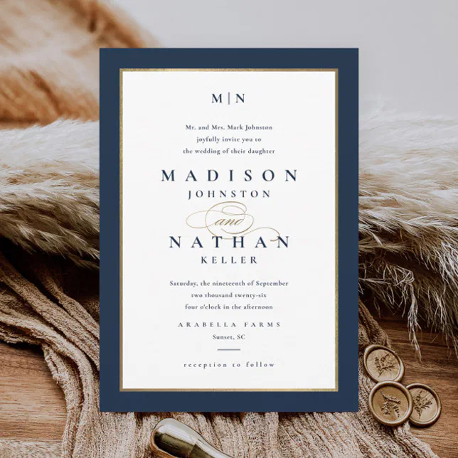 Elegant Navy Blue and Gold Wedding Invitation | Zazzle