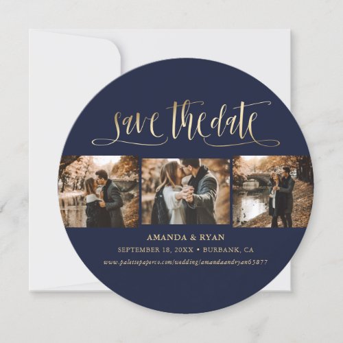 Elegant Navy Blue and Gold Wedding Photo Save The Date