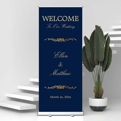 Elegant Navy Blue and Gold Wedding Reception Retractable Banner