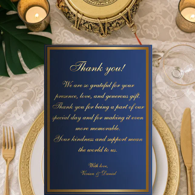 Elegant Navy Blue and Gold Wedding Thank You Card | Zazzle