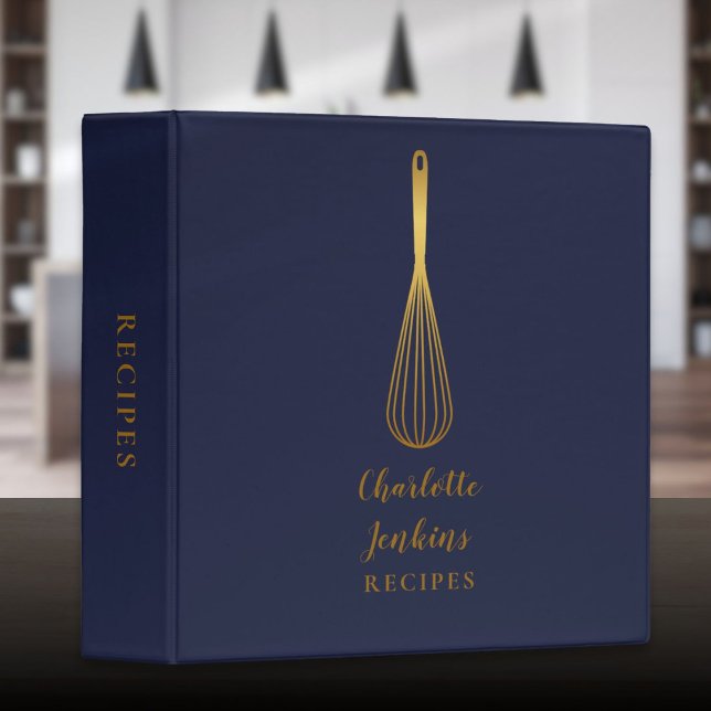 Elegant Navy Blue And Gold Whisk Recipe Script 3 Ring Binder (Elegant Navy Blue And Gold Whisk Recipe Script 3 Ring Binder)