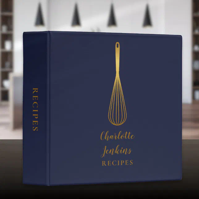 Elegant Navy Blue And Gold Whisk Recipe Script 3 Ring Binder | Zazzle