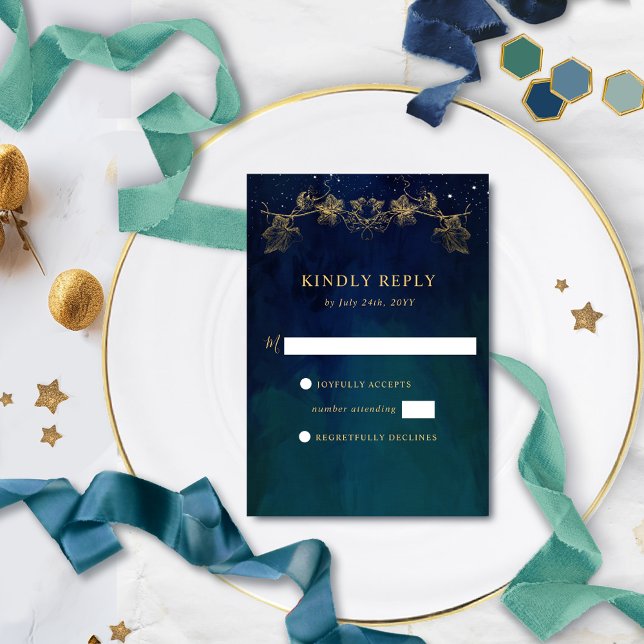 Elegant Navy, Blue and Green Celestial Gilded RSVP Card (Creator Uploaded)