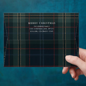 Elegant Navy Blue and Green Plaid Christmas Envelope
