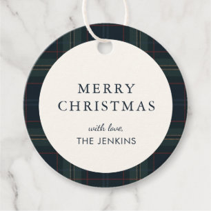 Elegant Navy Blue and Green Plaid Christmas Favor Tags