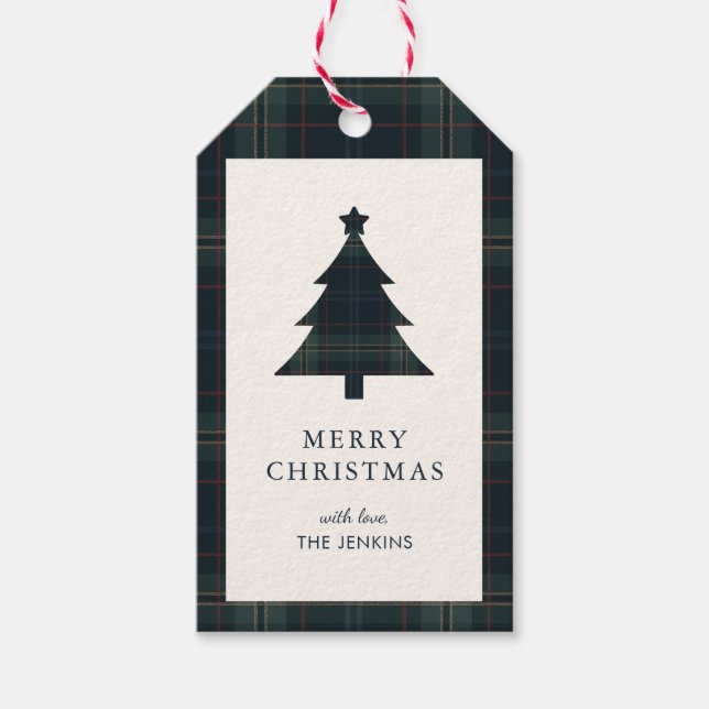 Elegant Navy Blue and Green Plaid Christmas Gift Tags (Front)