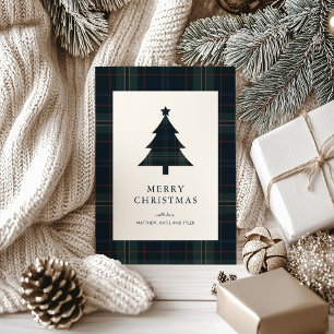 Elegant Navy Blue and Green Plaid Christmas Holiday Card