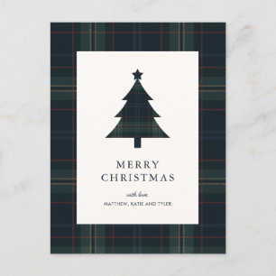Elegant Navy Blue and Green Plaid Christmas Holiday Postcard