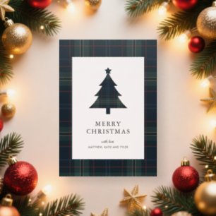 Elegant Navy Blue and Green Plaid Christmas Letterpress Photo Cards