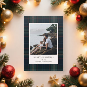 Elegant Navy Blue and Green Plaid Christmas Letterpress Photo Cards
