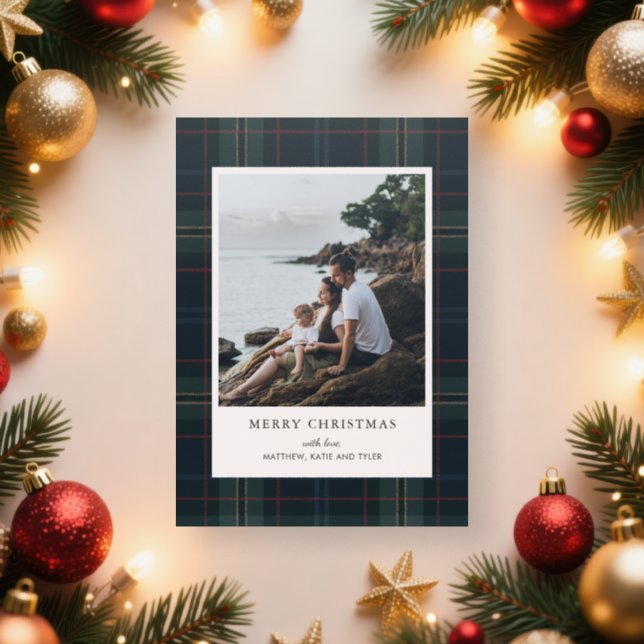 Elegant Navy Blue and Green Plaid Christmas Letterpress Photo Cards (Insitu)